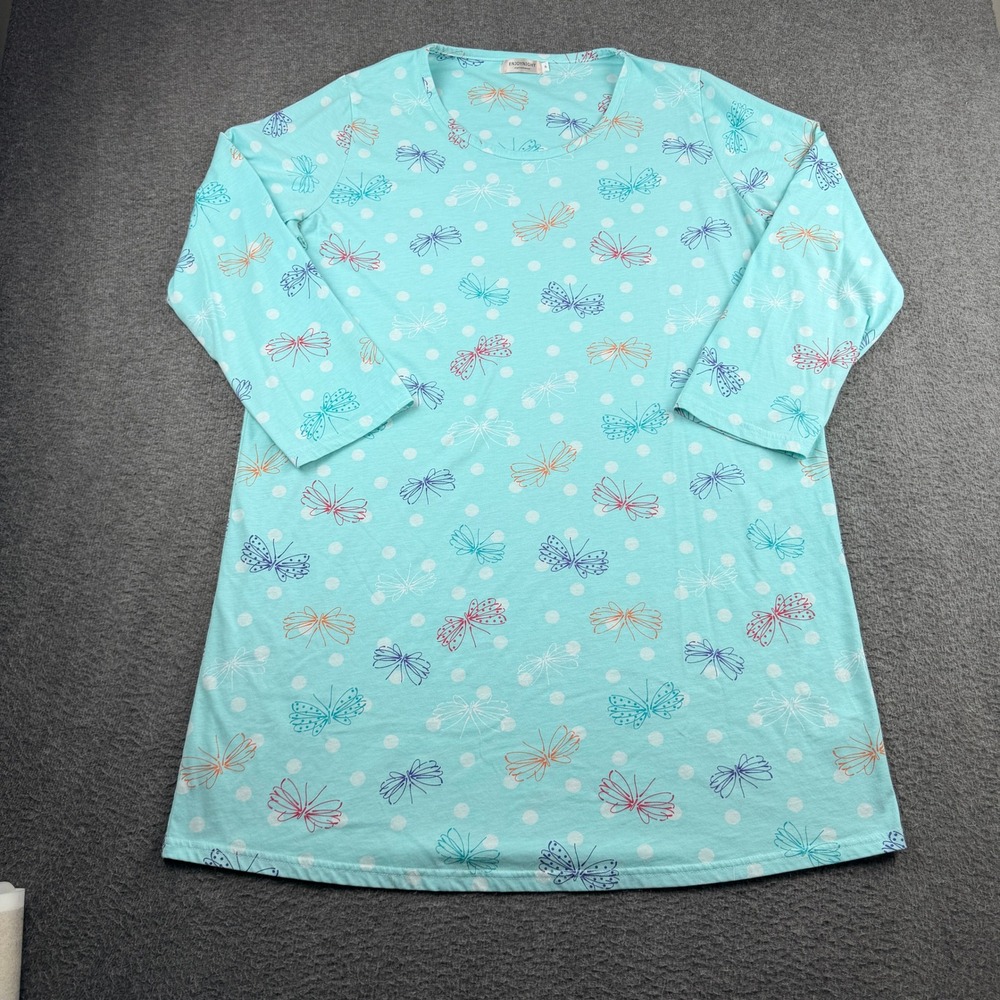 Enjoynight Women's XL Aqua Blue Butterfly Polka Dot 3/4 Sleeve Sleep Shirt Dress